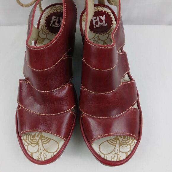 Fly London YOWN Dark Red Wedge Peep Toe Sandals Lace Up  Womens Size 38 US 7.5 8 - Picture 5 of 16